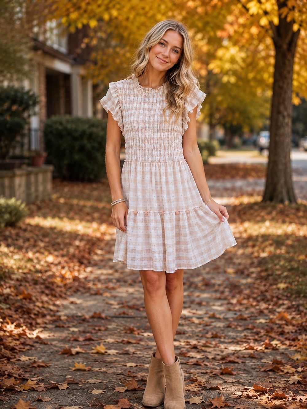 Blu Pepper Cream & Pink Plaid Smocked Ruffle Sleeve Mini Dress